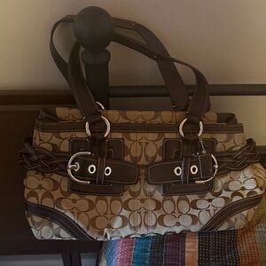 Coach Brown Signature Canvas Shoulder Bag with Dark Brown Trim